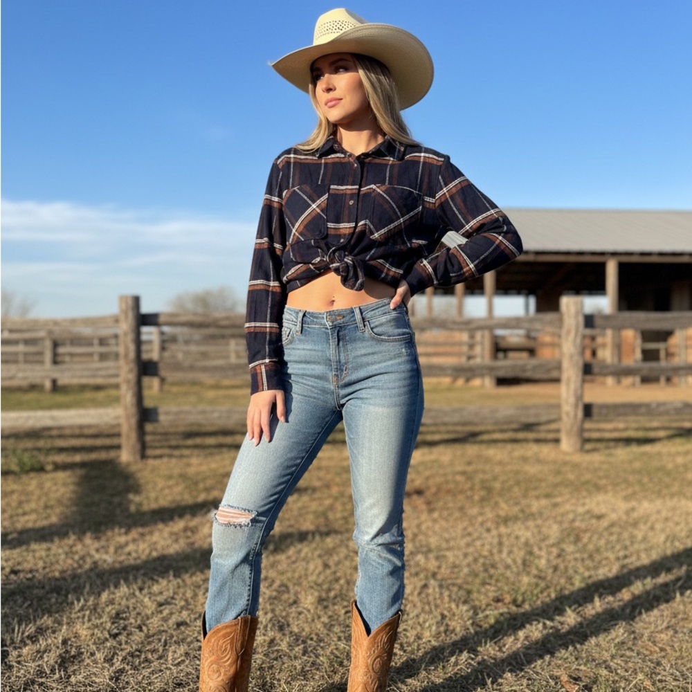 RSQ Navy and Rust Plaid Shirt